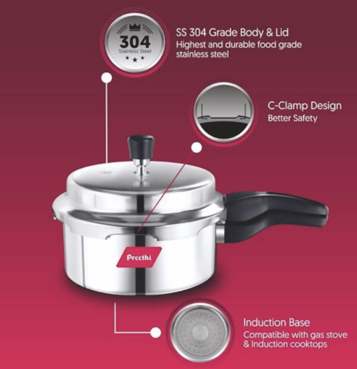Preethi Induction Base Stainless Steel Outer Lid Pressure Cooker, 5 Litres, Silver - Image 2